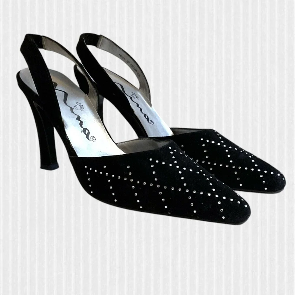 Touch Of Nina‎ Heels Women's Size 7M Black Suede Sparkle Rhinestones Slingback's